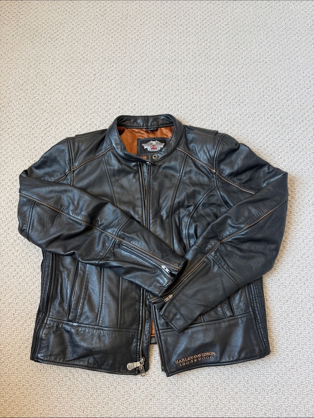 Harley-Davidson Black Leather Bomber Jacket with Brown Lining
